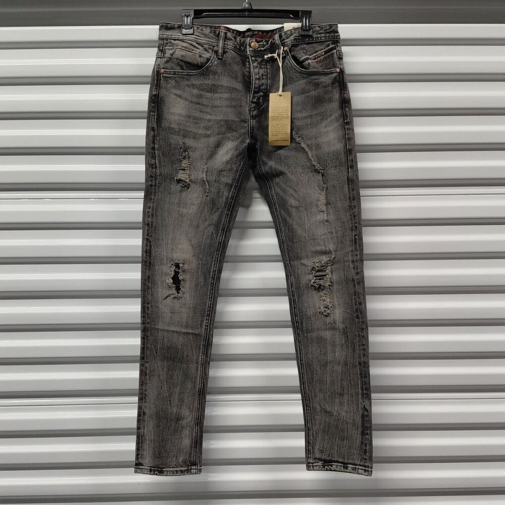 Anom Denim Hate Me Slim Fit Jeans Mens 32 Gray Wash Distressed Button Fly Street
